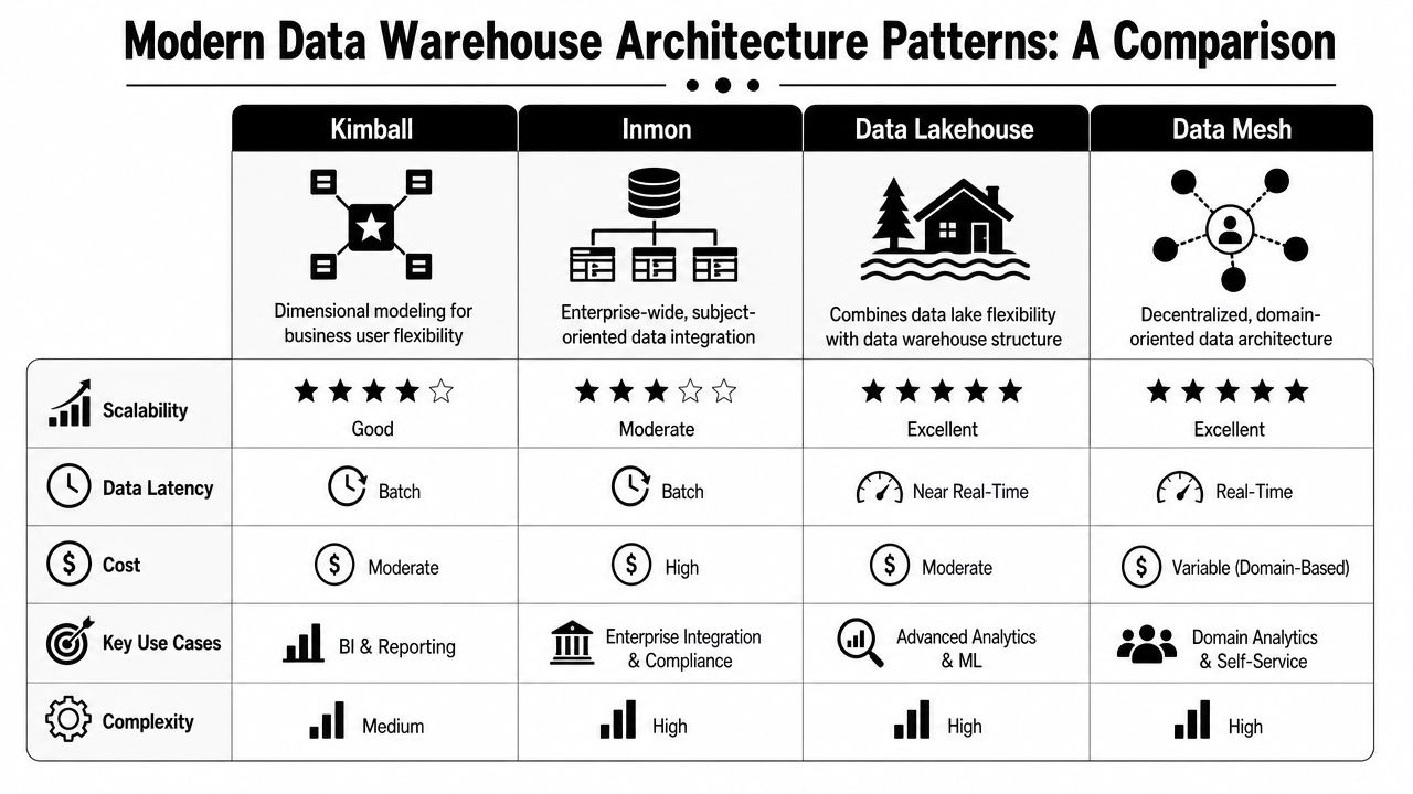 A comparison chart outlining key differences between Kimball, Inmon, Data Lakehouse, and Data Mesh architecture patterns.