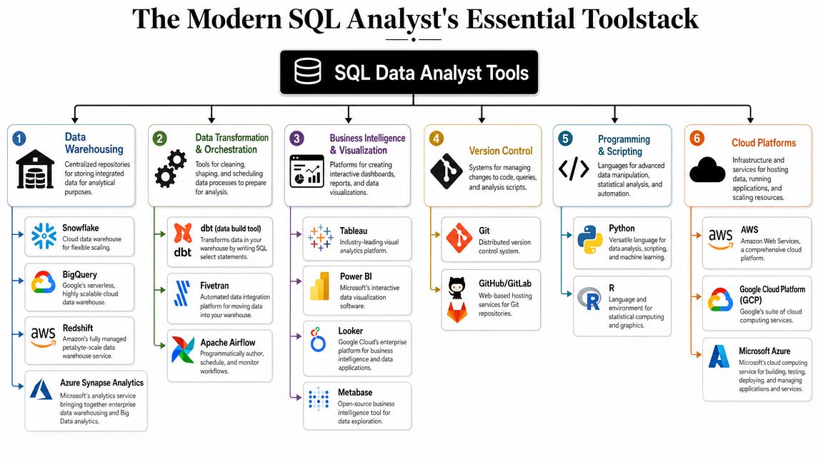 A comprehensive infographic showing essential tools and software categories for a modern SQL data analyst.