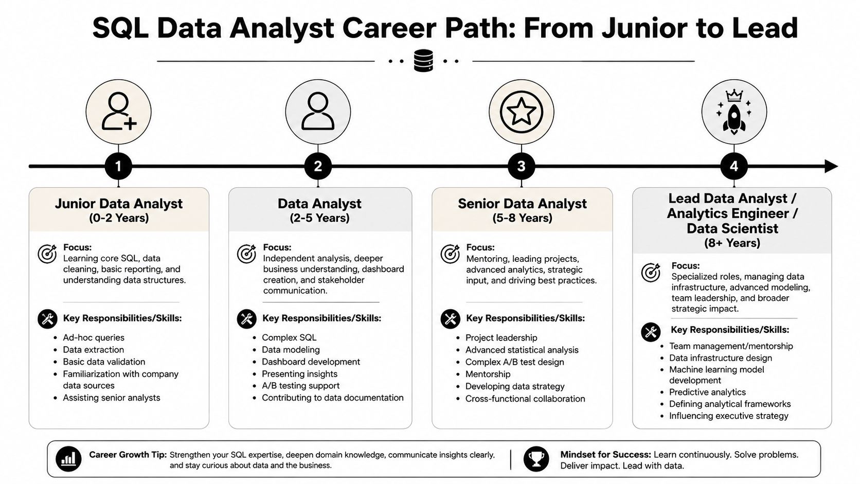 A career path roadmap showing the progression from Junior Data Analyst to Lead roles over eight years.