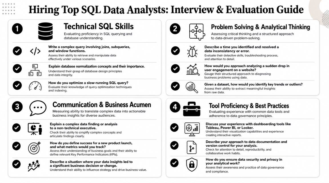 An infographic titled Hiring Top SQL Data Analysts outlining key interview questions and evaluation criteria.