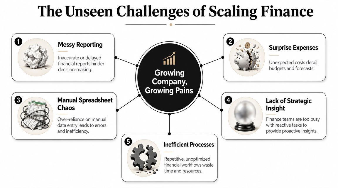 A diagram illustrating the five common challenges of scaling corporate finance, including reporting issues and manual processes.