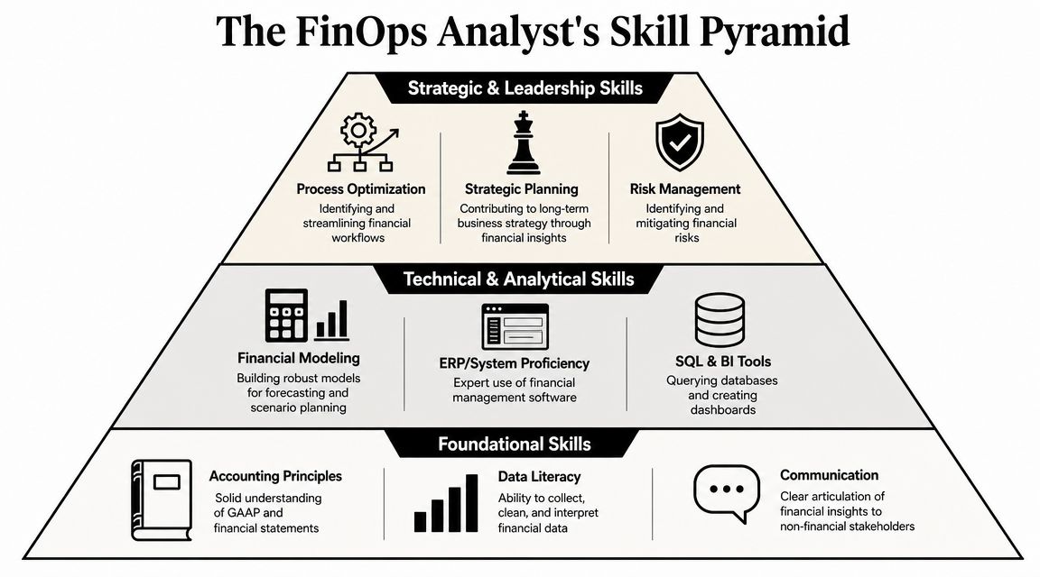 A hierarchical pyramid diagram illustrating the essential skill sets required for a professional FinOps analyst.