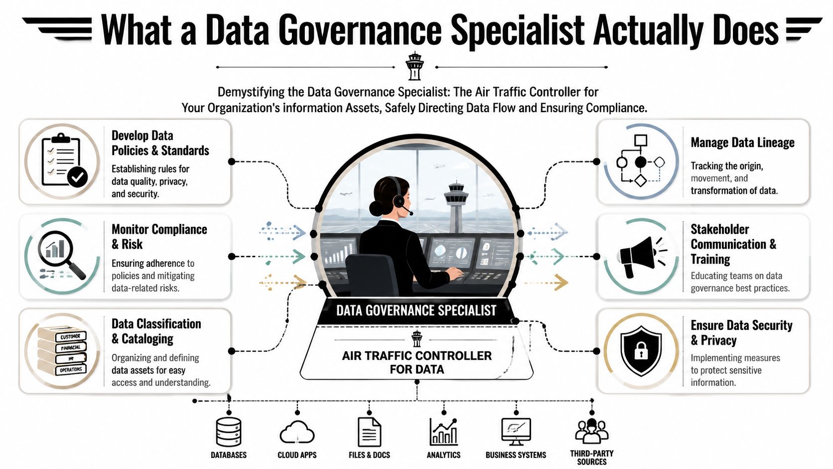 An infographic detailing the role of a data governance specialist as an air traffic controller for data.