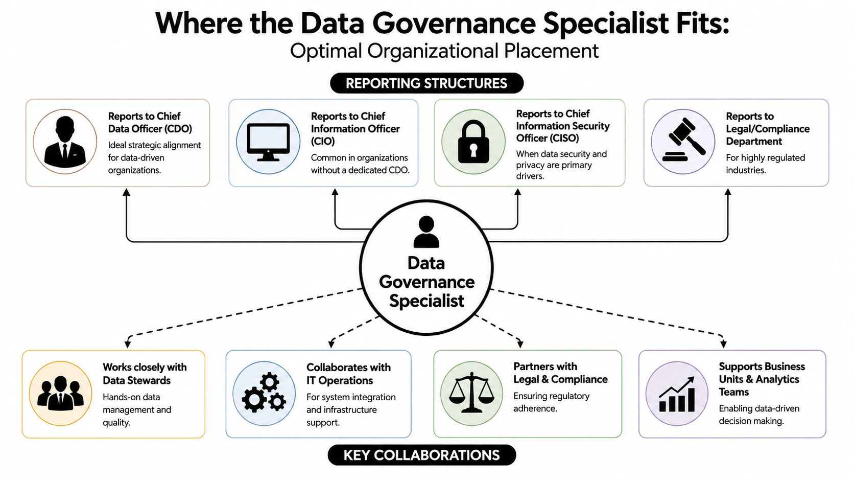 A diagram illustrating optimal organizational placement, reporting structures, and key collaborations for a data governance specialist.
