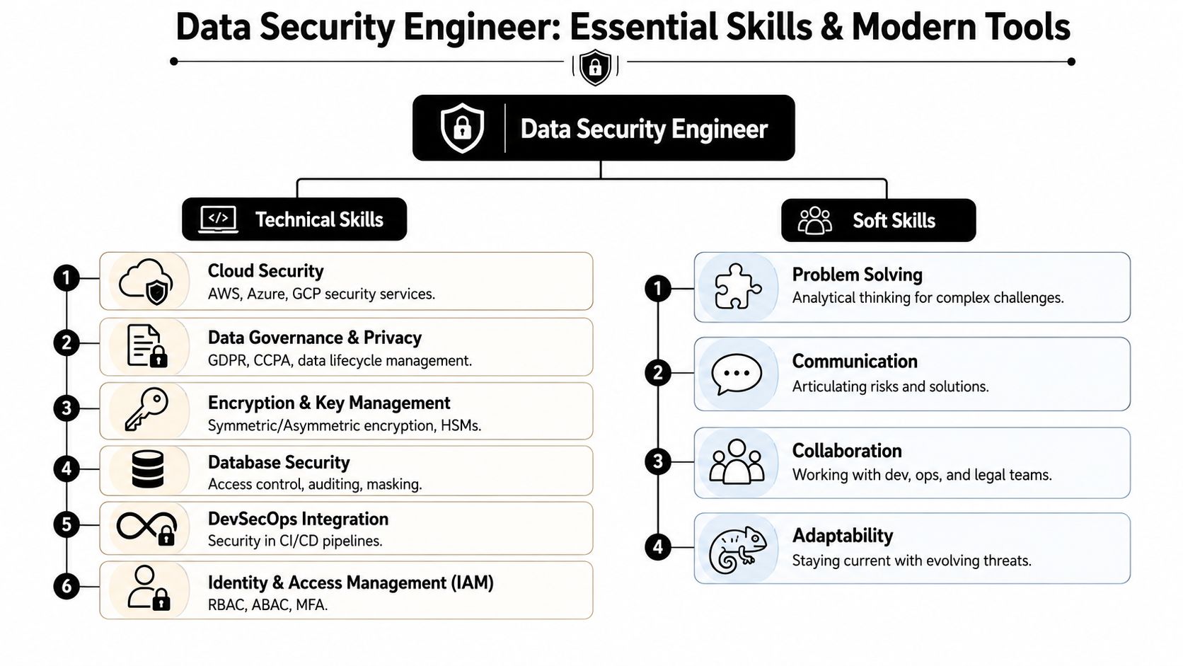 A diagram outlining the essential technical and soft skills required for a professional data security engineer.