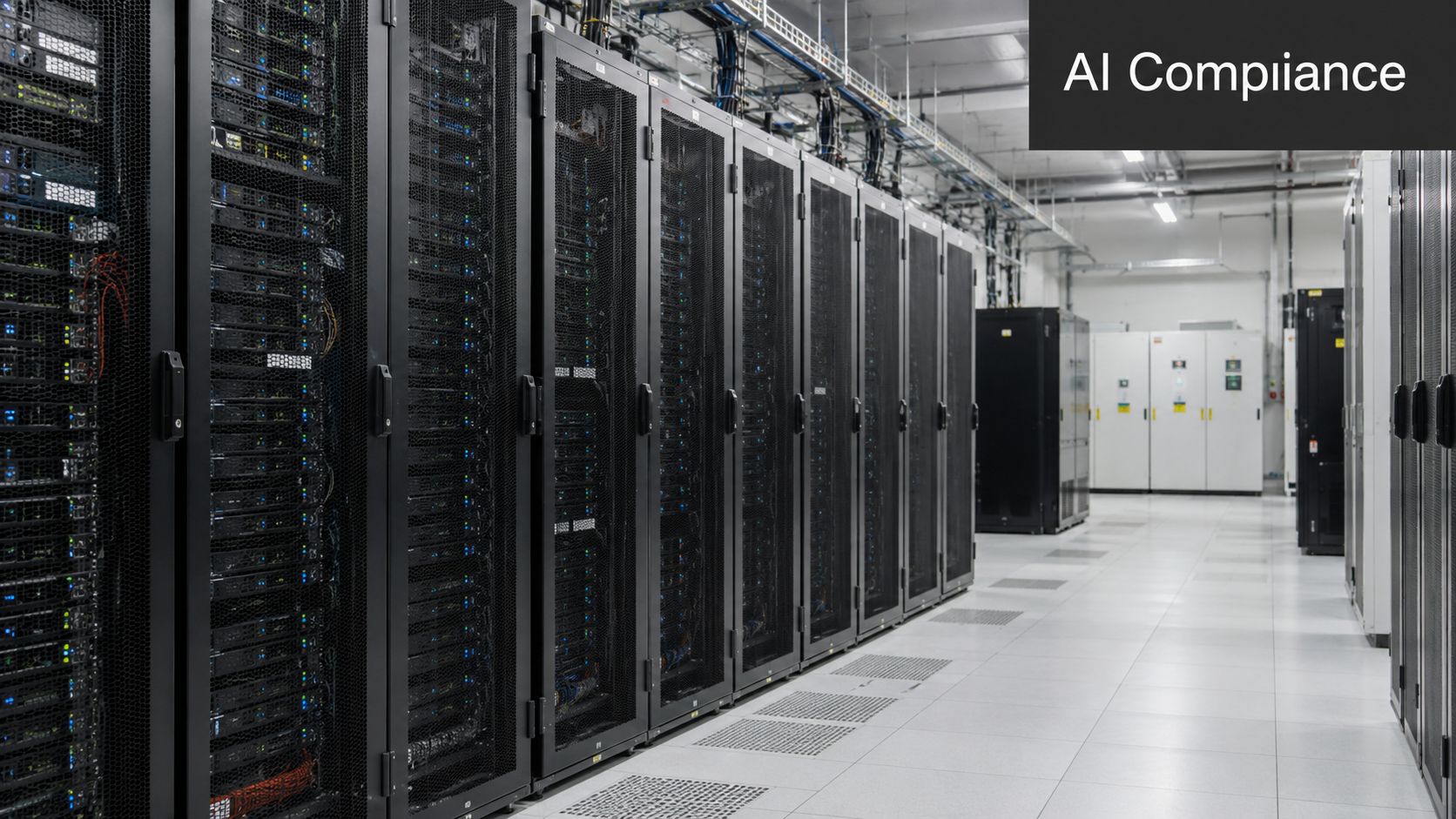A long aisle of tall, black server racks in a modern and clean professional data center.