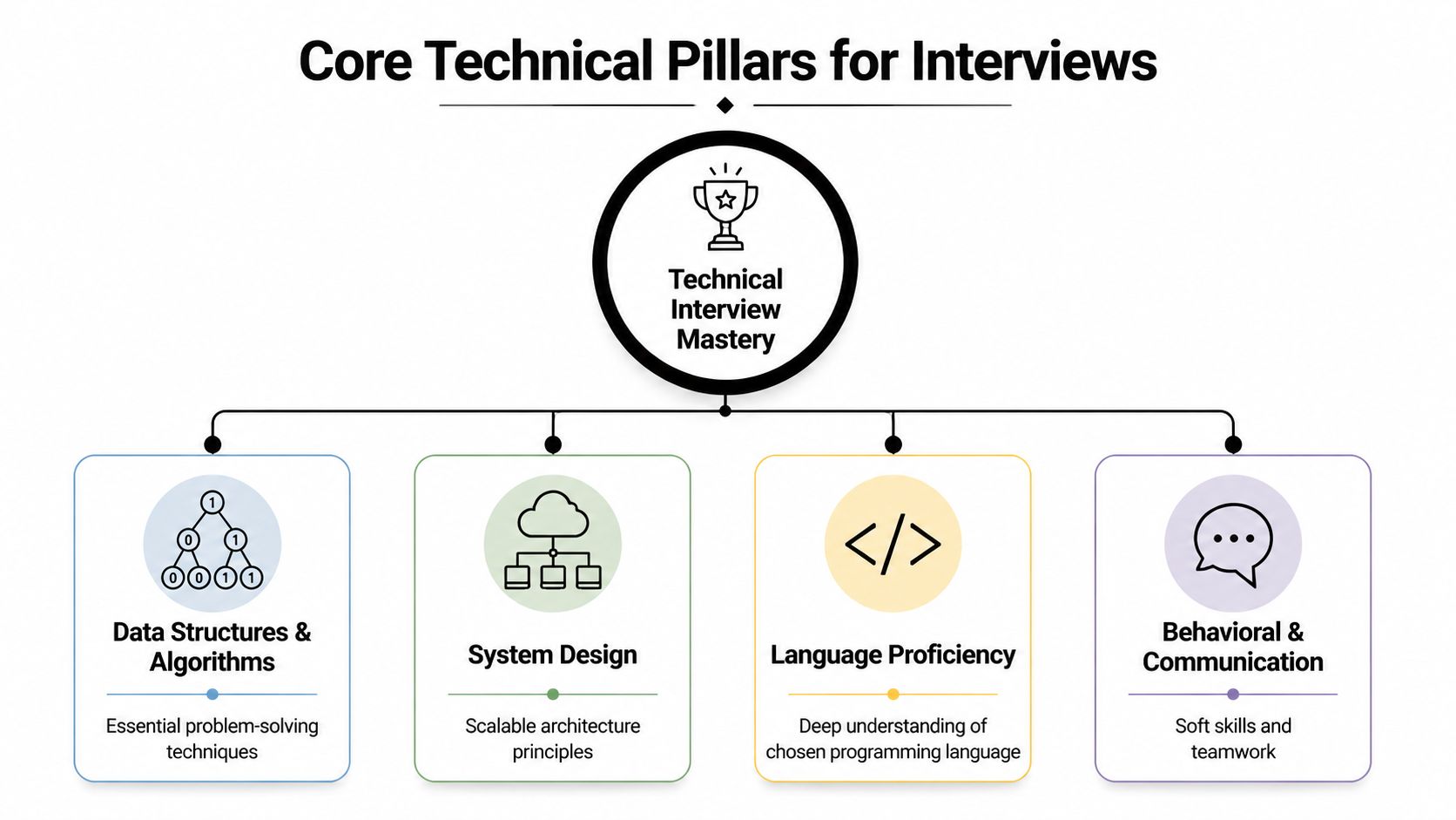 A diagram outlining the four core pillars of technical interview mastery including algorithms, system design, language, and communication.
