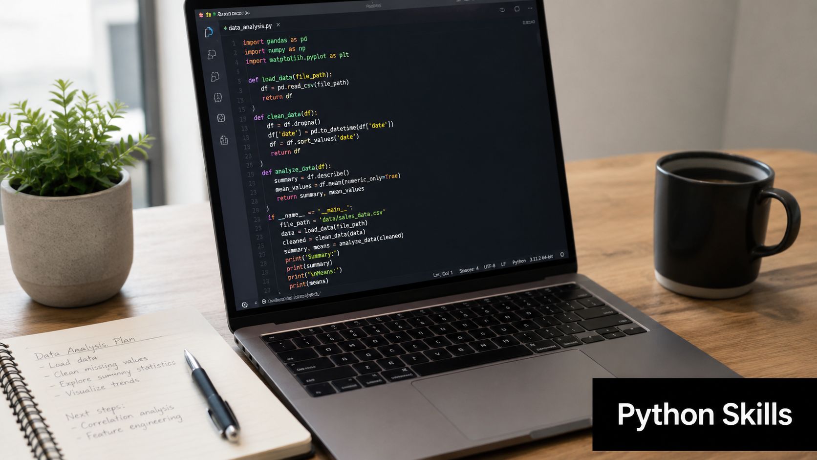 Laptop screen displaying Python code on a desk next to a notebook and a coffee mug.