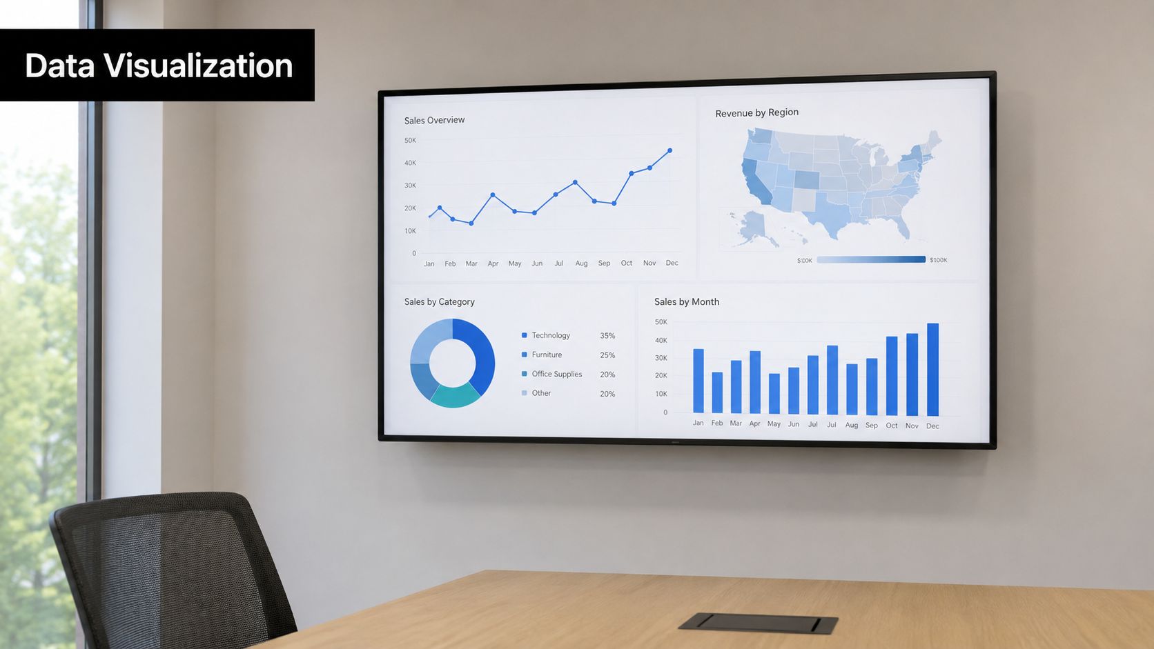 A large wall-mounted monitor displaying various data visualization charts, graphs, and a map in an office.