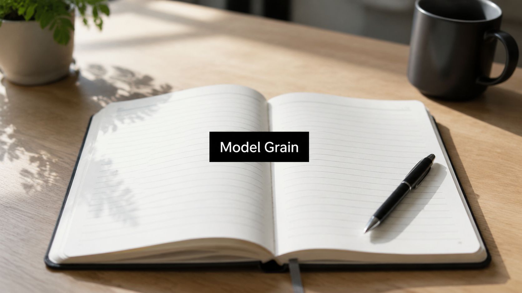 An open notebook with lined pages on a wooden desk next to a pen and coffee mug.