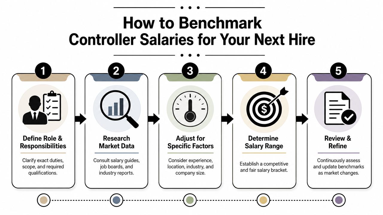A five-step infographic guide explaining the process of benchmarking controller salaries for new hires in business.