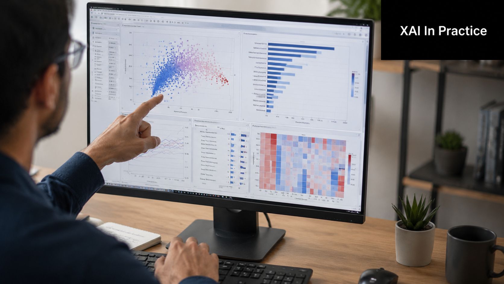 A professional analyzing data visualizations on a computer screen related to explainable artificial intelligence methods.