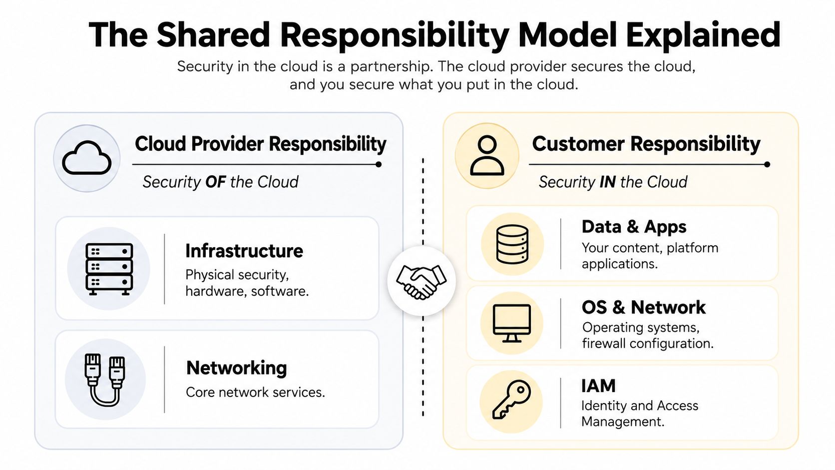 A diagram explaining the shared responsibility model for security between cloud providers and customers.