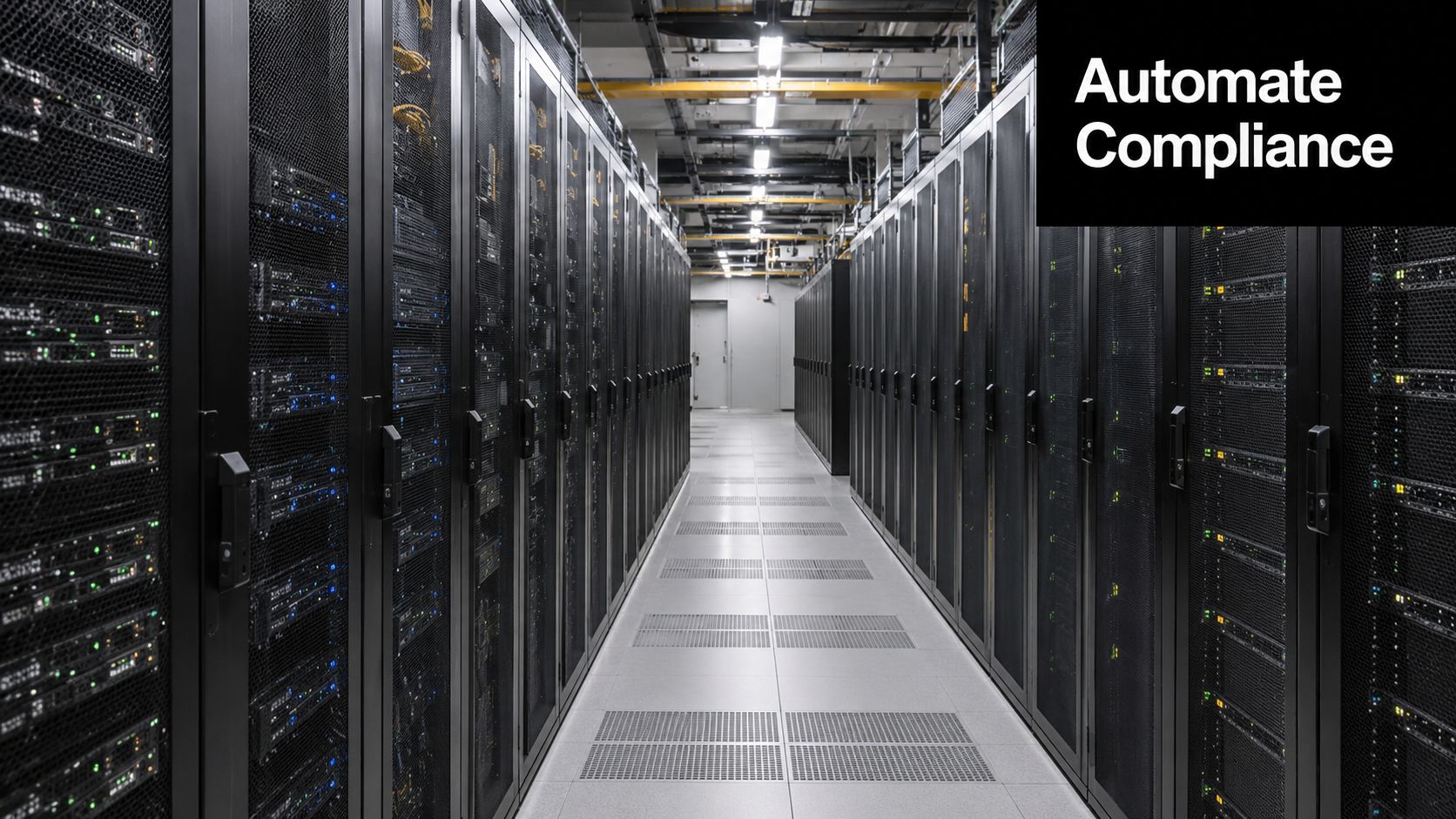 A modern data center aisle featuring rows of server racks with blinking lights under industrial lighting.