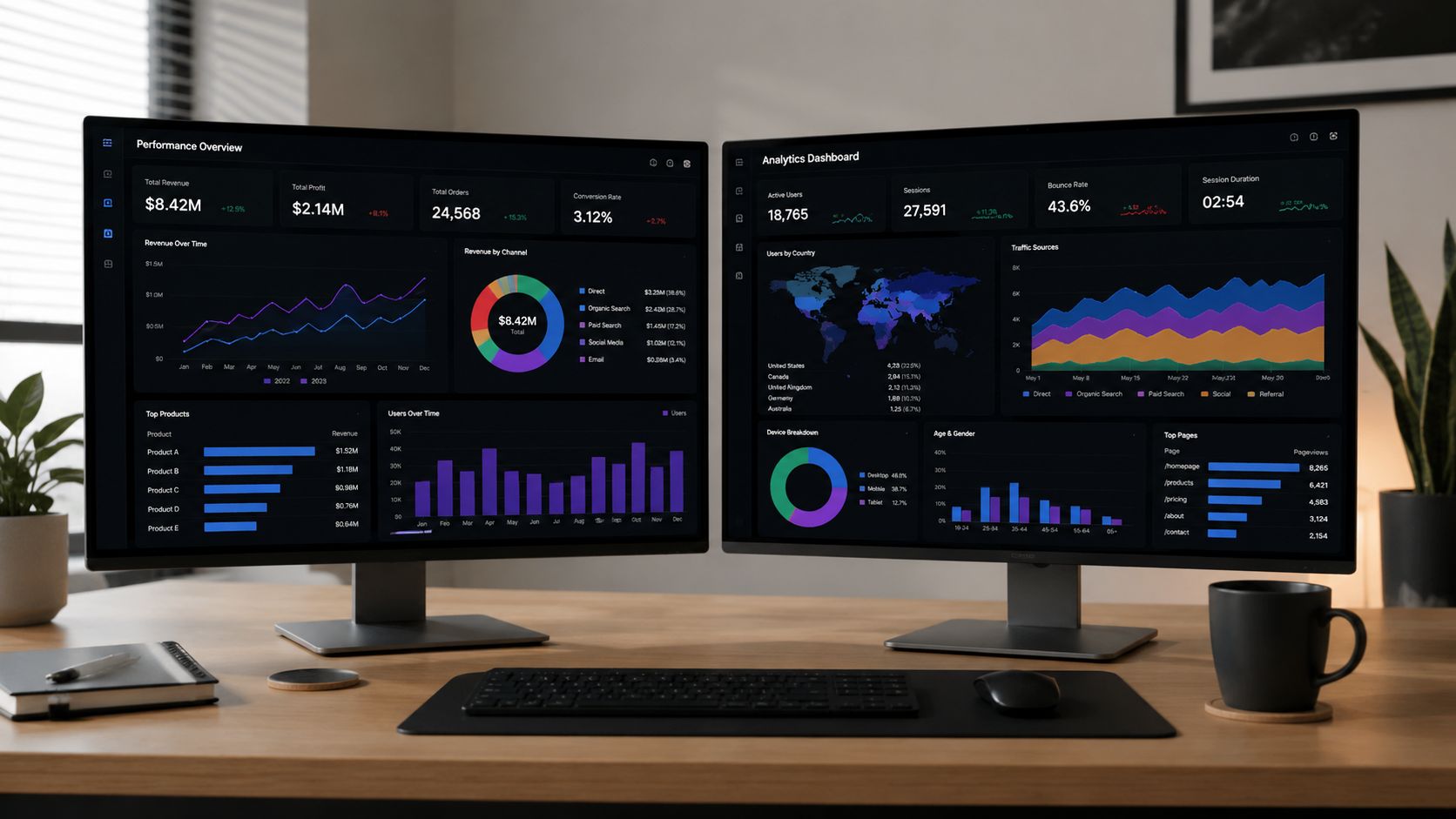 Two computer monitors on a minimalist wooden desk displaying data analytics dashboards with graphs and charts.