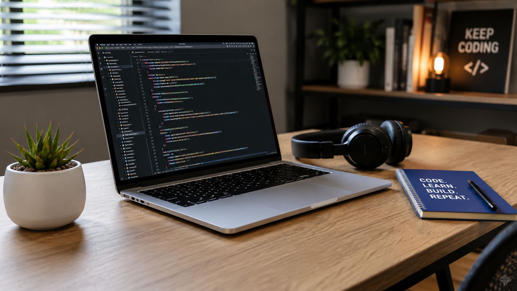 A developer's wooden desk with a laptop showing code, black headphones, a notebook, and a succulent, representing a ready technical environment.