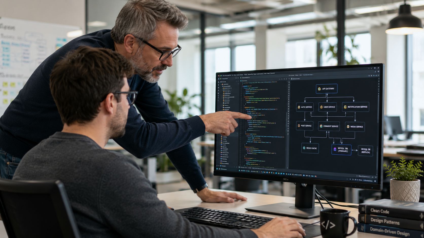 Two developers collaborate, reviewing a complex codebase and system architecture diagrams on a computer screen.