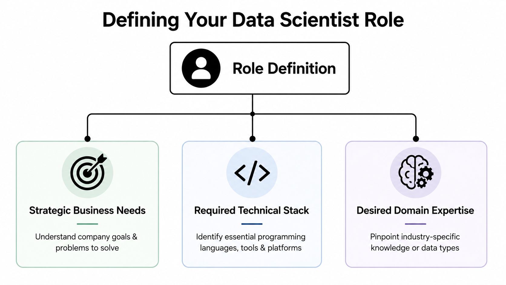 A diagram outlining the three key pillars for defining a data scientist role within an organization.