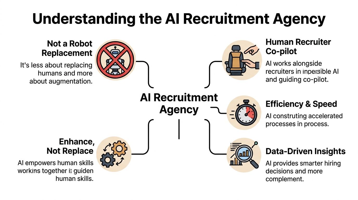 A diagram explaining how AI recruitment agencies function as human co-pilots, enhancing efficiency and data-driven hiring.