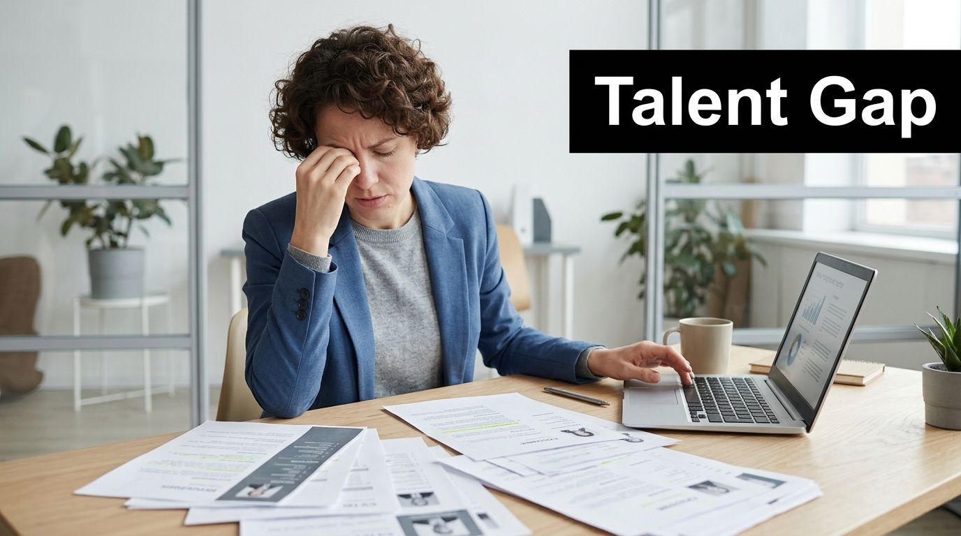 A stressed woman professional sitting at a desk overflowing with resumes while working on a laptop.