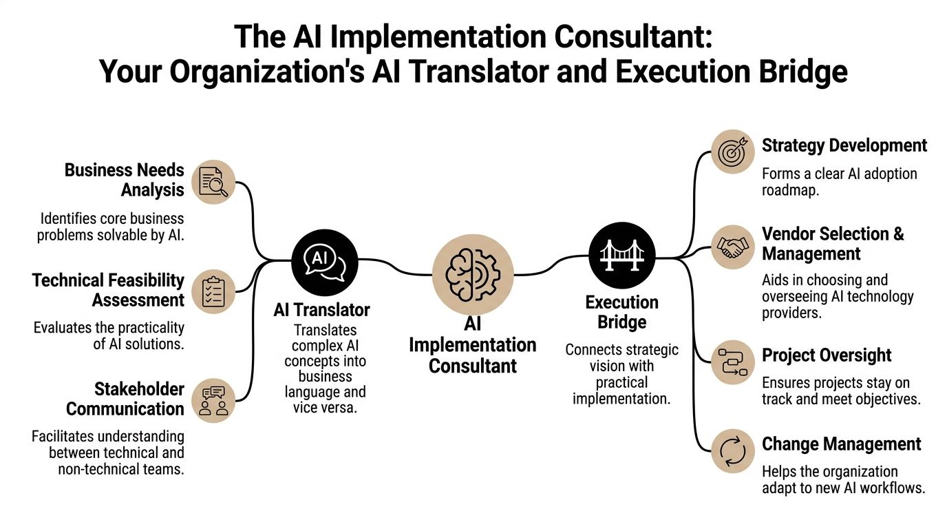 A diagram illustrating the role of an AI implementation consultant as a translator and execution bridge.