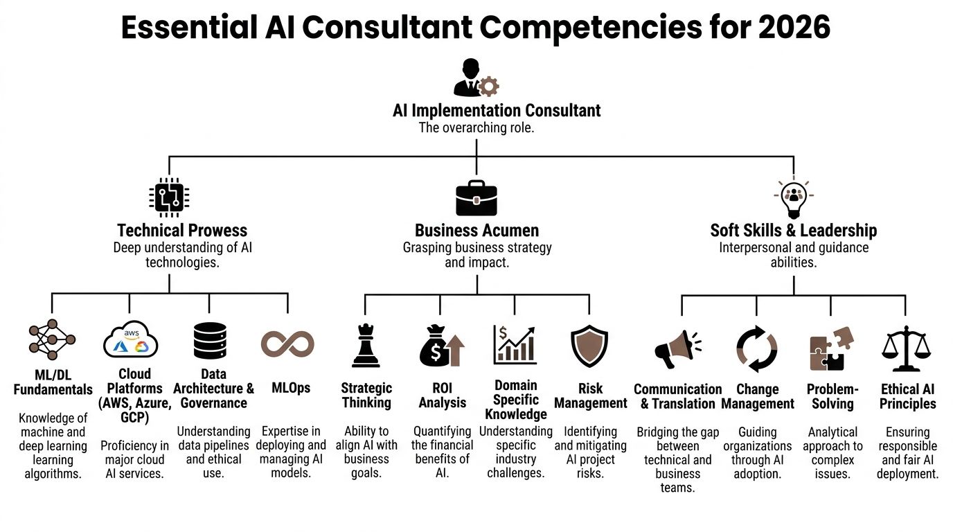 A diagram outlining the essential competencies for an AI implementation consultant, categorized by technical, business, and leadership skills.