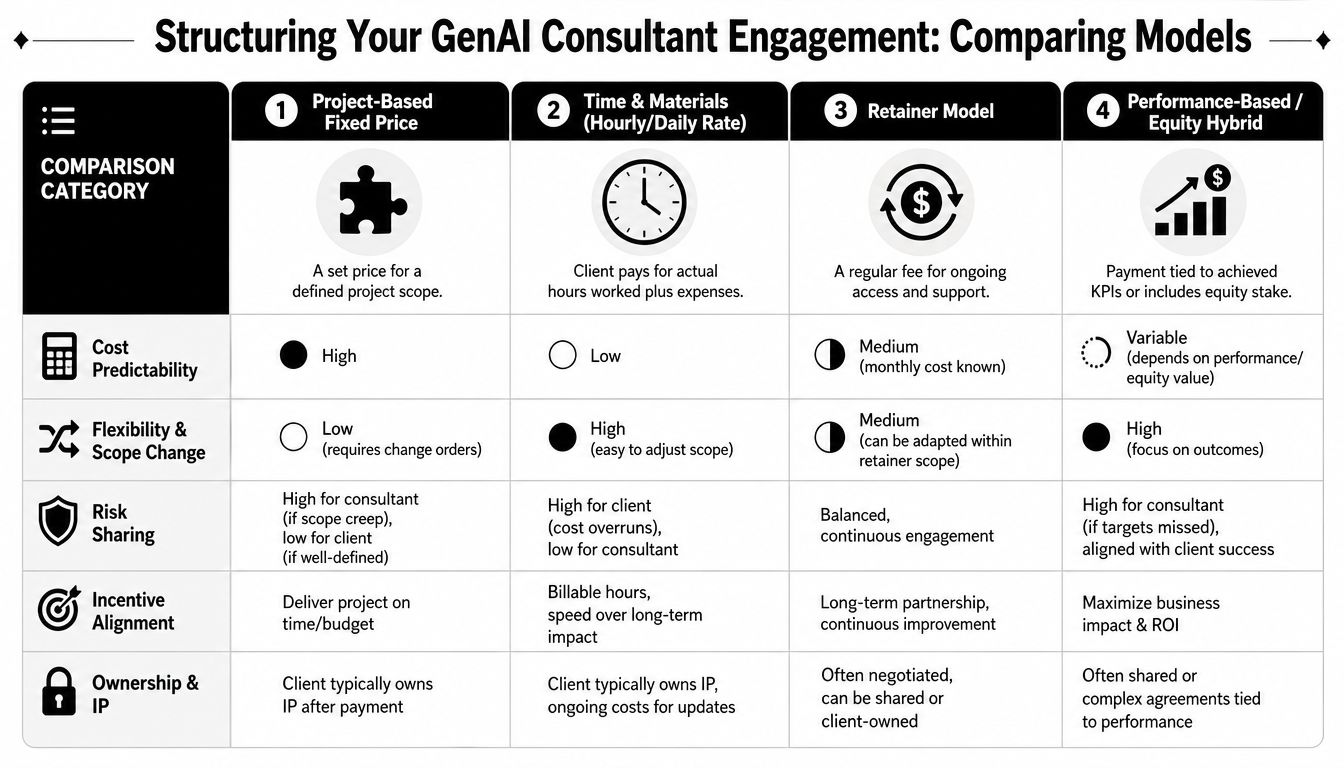 A comparison chart outlining four common business engagement models for hiring a generative AI consultant.