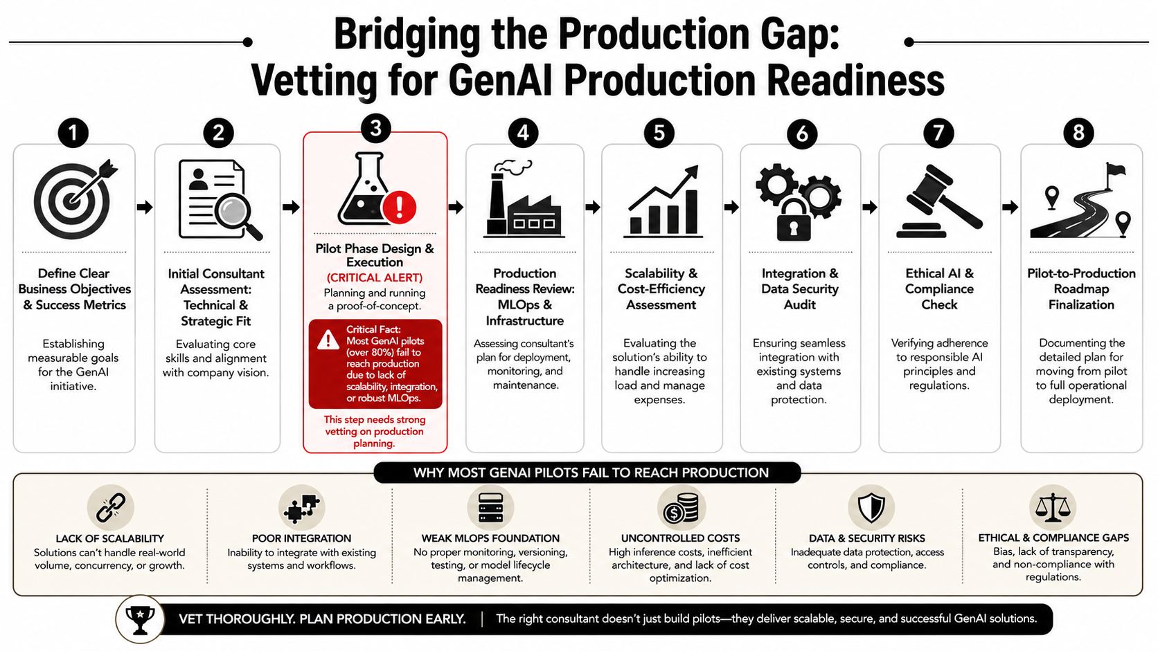 A process diagram outlining eight steps for vetting and scaling successful Generative AI production initiatives.