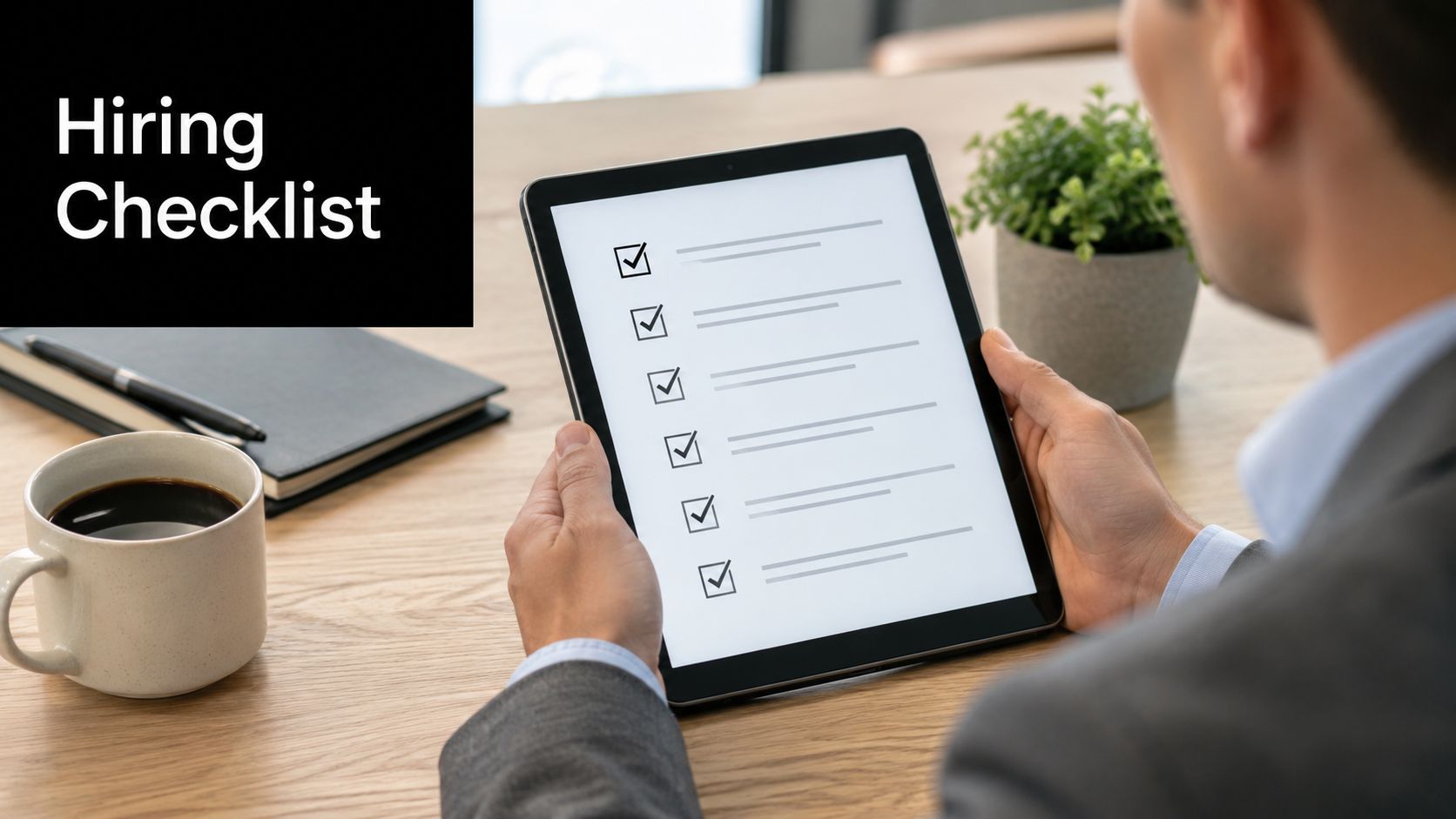 A professional in a suit reviewing a digital hiring checklist on a tablet at a wooden desk.