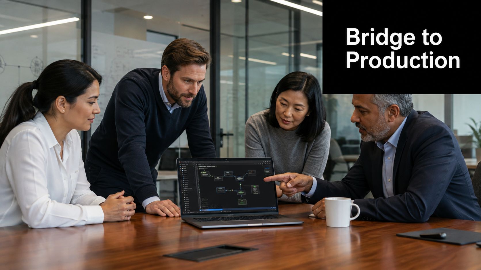 A diverse team of professionals collaboratively discussing a software architecture diagram on a laptop in a modern office.