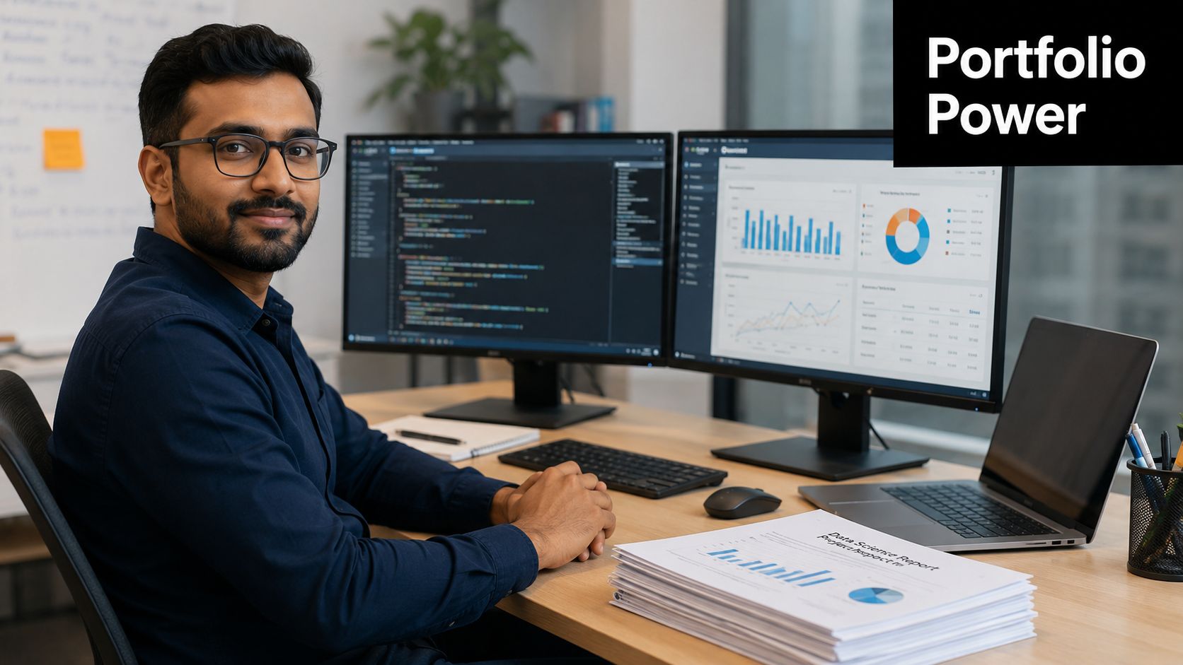 A professional data scientist sits at his desk with computer monitors showing code and business analytics.