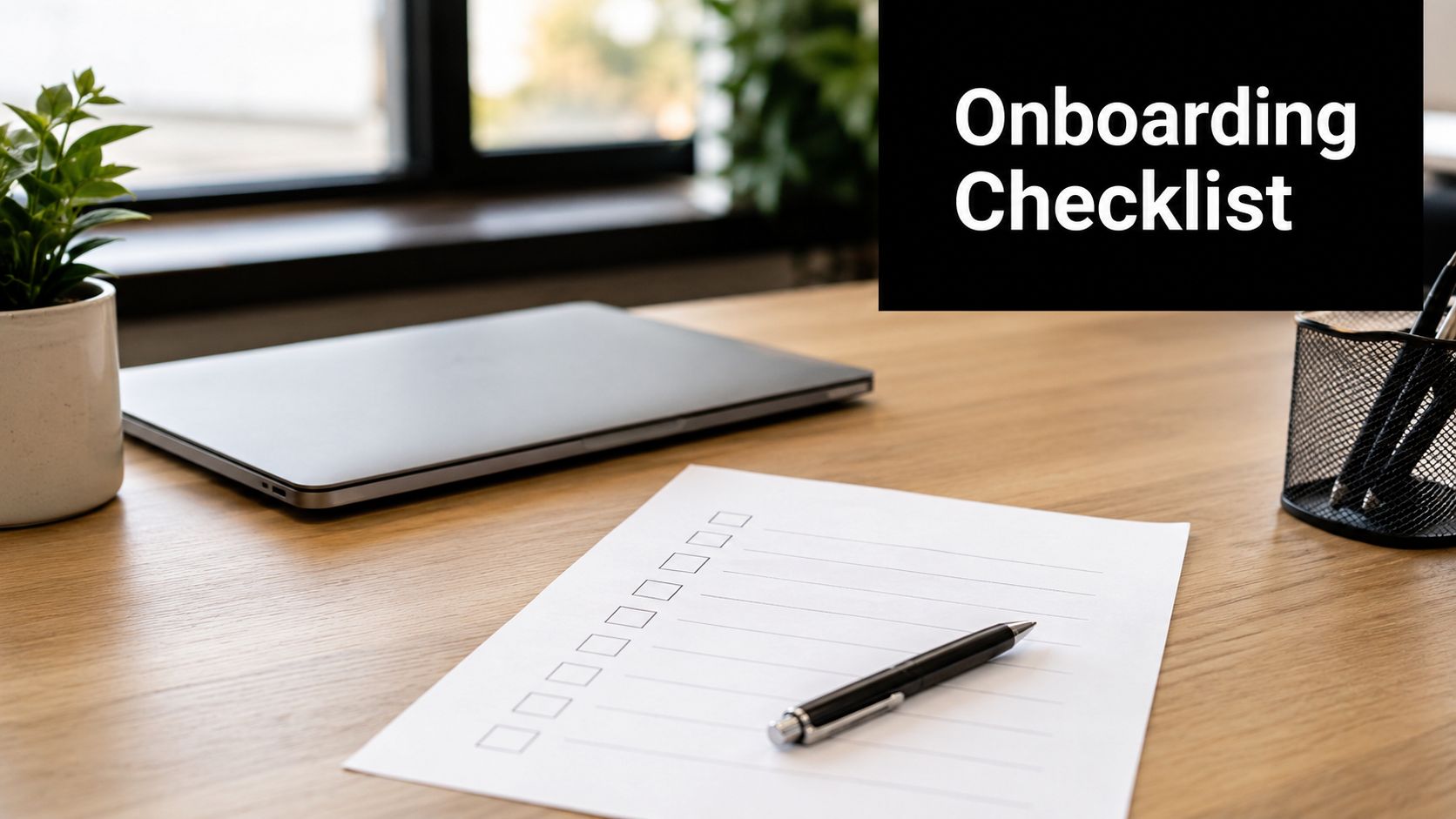 A minimalist office workspace featuring a laptop, a pen, and a blank onboarding checklist on paper.