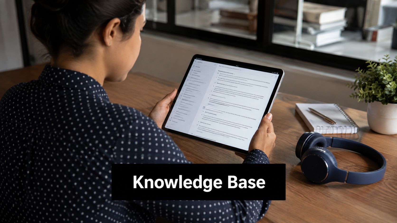 A woman reviewing knowledge base documentation on a digital tablet at her workspace.