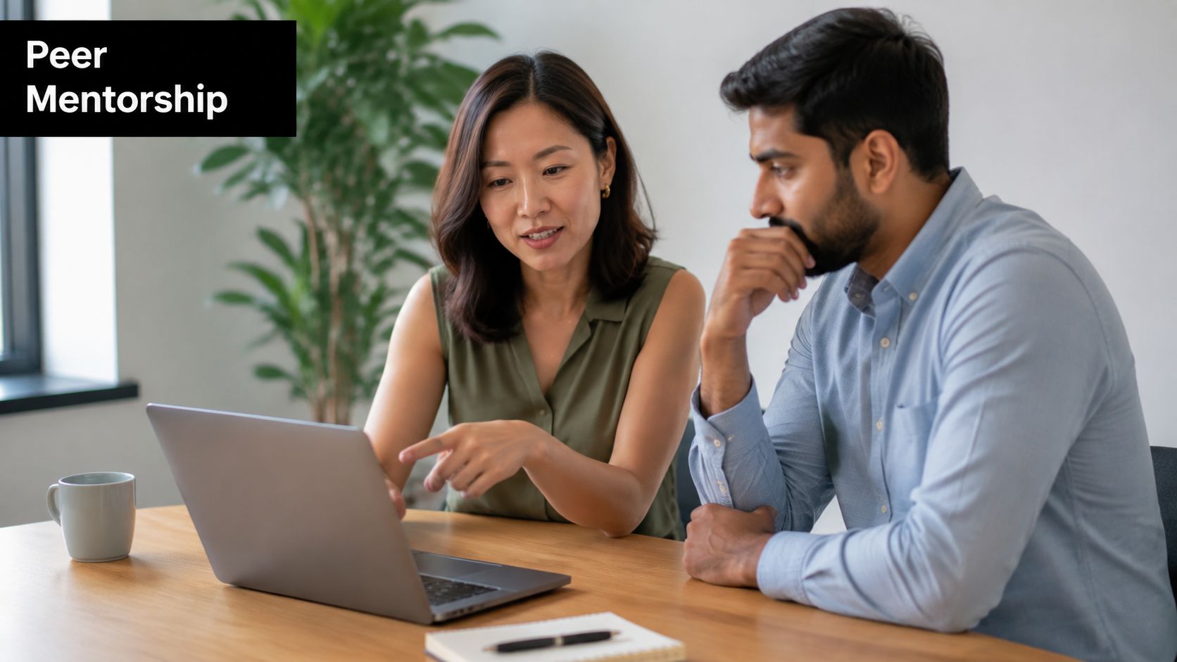 A female mentor pointing at a laptop screen while explaining work concepts to her male colleague.