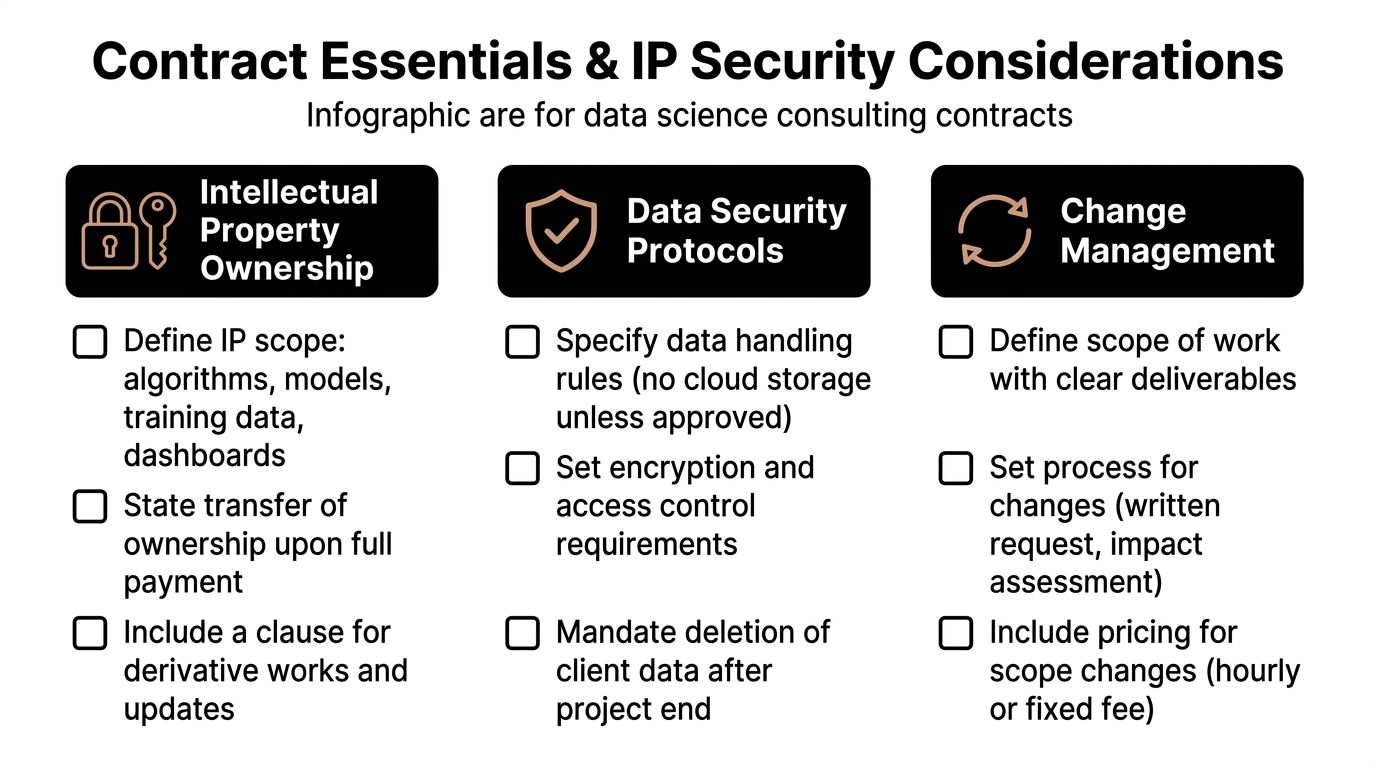 An infographic outlining essential contract and IP security considerations for data science consulting agreements.