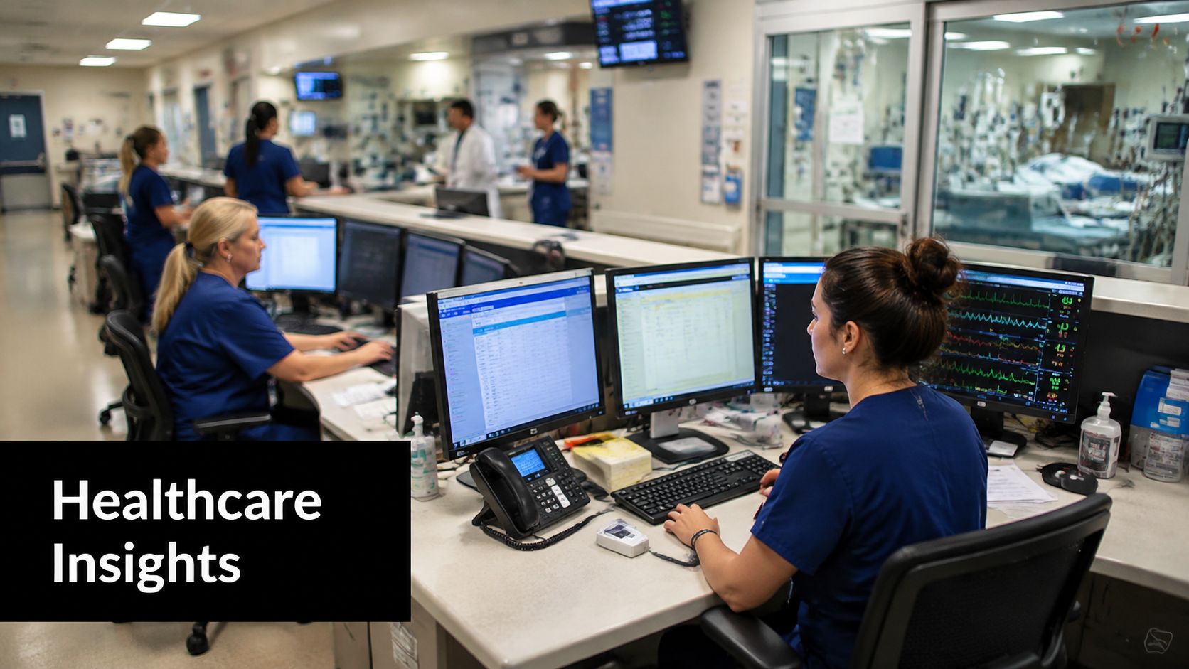 A nursing station in a hospital with medical staff working at multiple computer monitors.