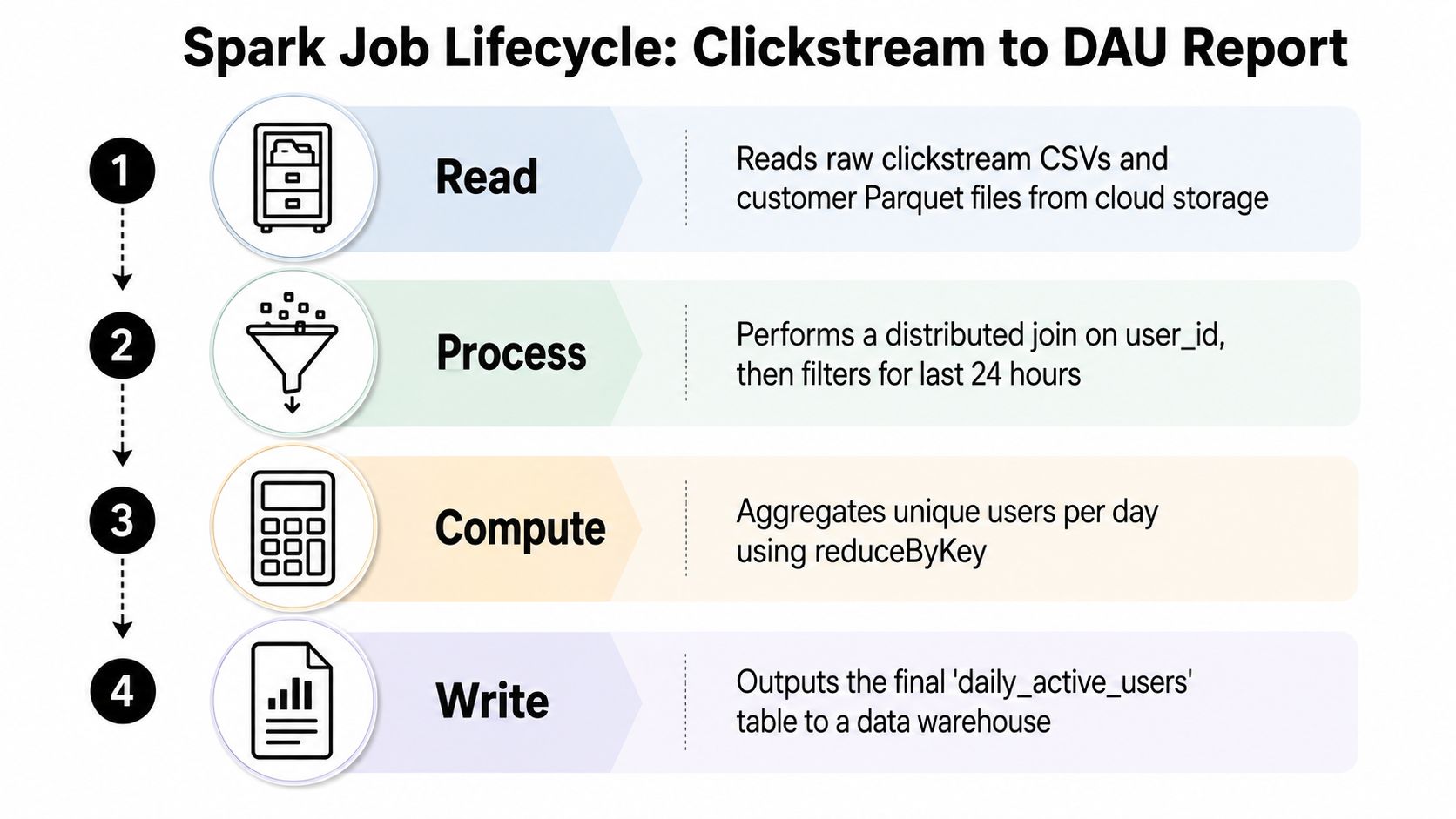 A diagram illustrating the four-step Spark job lifecycle from raw clickstream data to DAU reports.