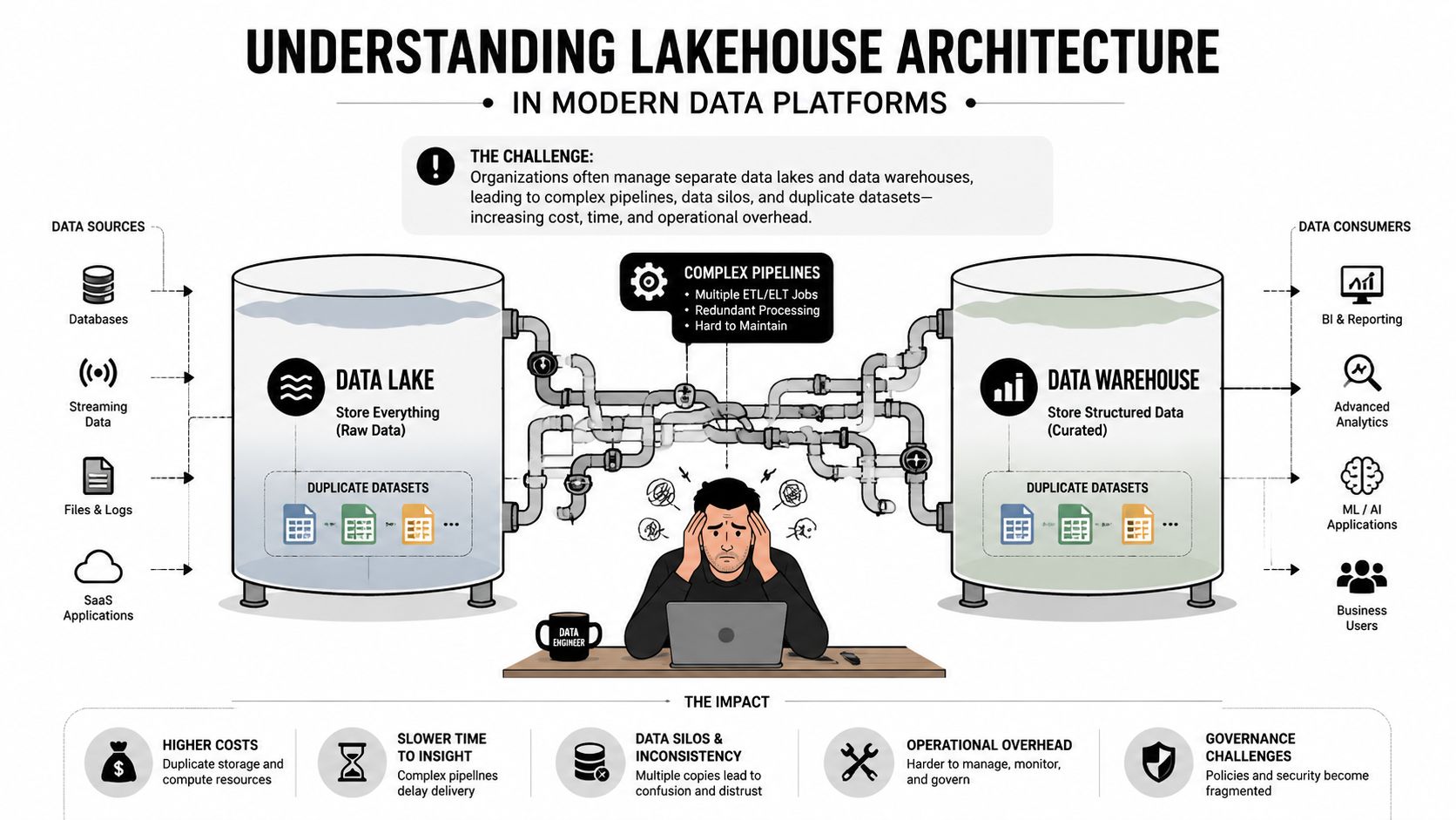 A diagram illustrating the challenges of traditional data architecture with separate lakes and warehouses for data engineers.