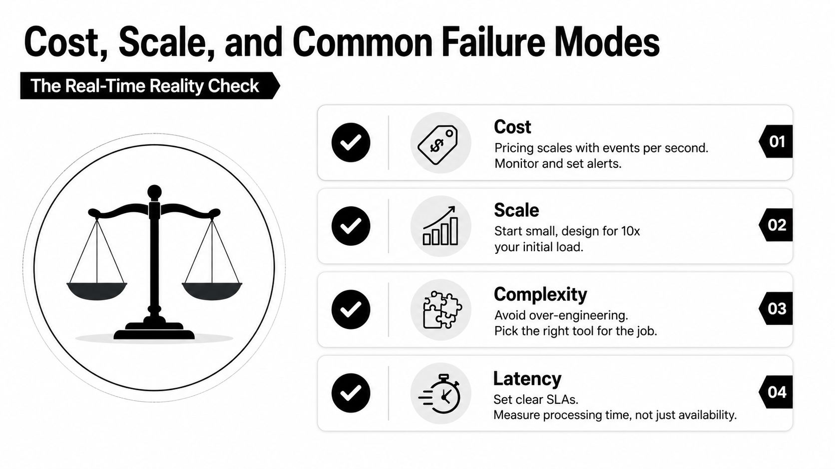 A diagram outlining key considerations for real-time systems: cost, scale, complexity, and latency with brief management tips.