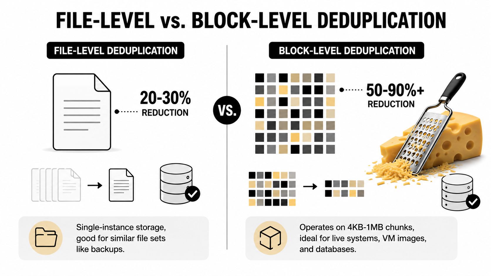 A diagram comparing file-level and block-level data deduplication methods, highlighting their efficiency and typical use cases.