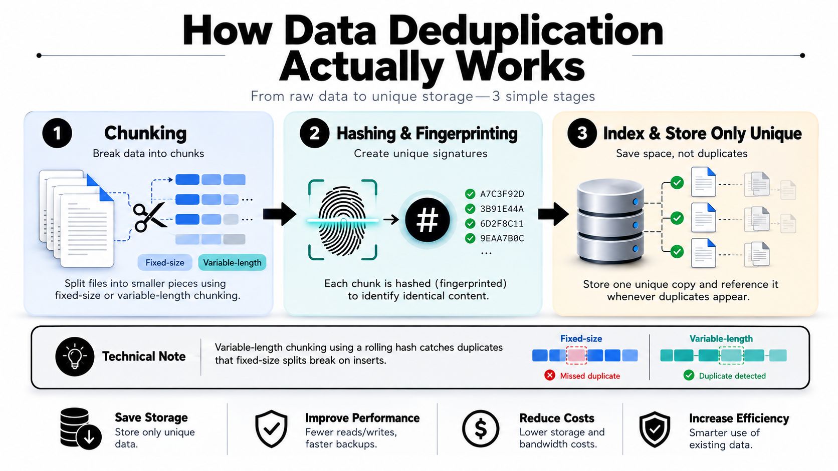 A diagram illustrating the three simple stages of data deduplication: chunking, hashing, and storing unique data.