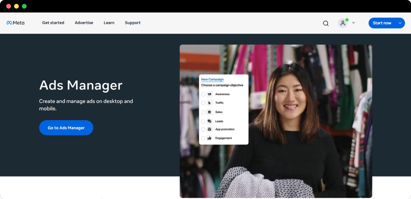 Meta Ads Manager homepage