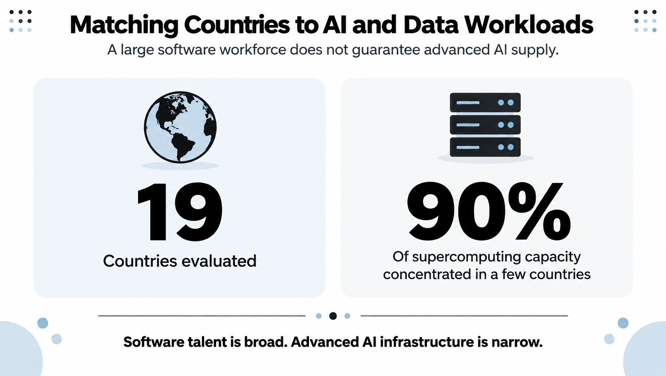 An infographic comparing the number of countries evaluated versus the concentration of global supercomputing infrastructure.