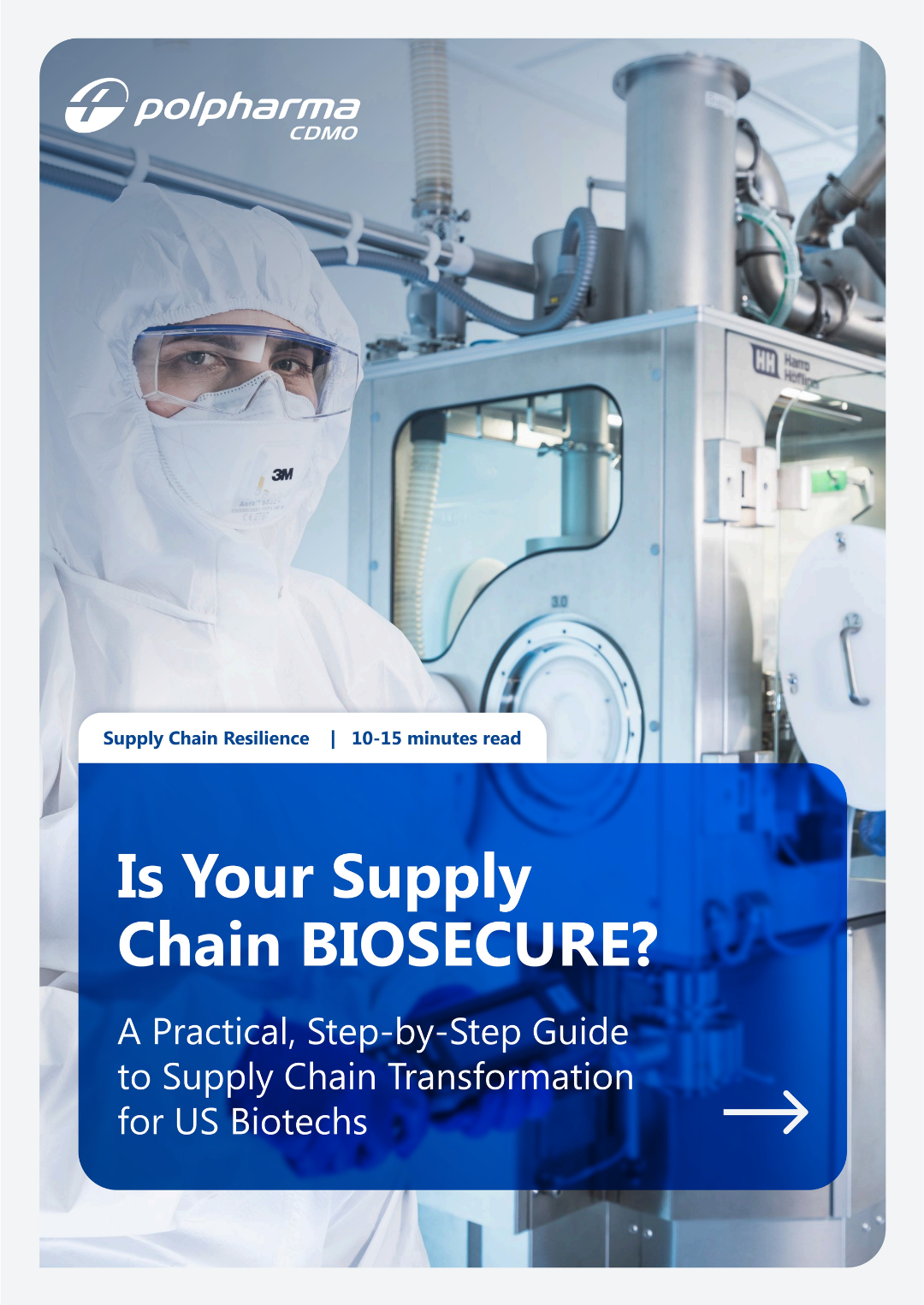 Scientist in protective suit and mask standing next to industrial biotechnology equipment.