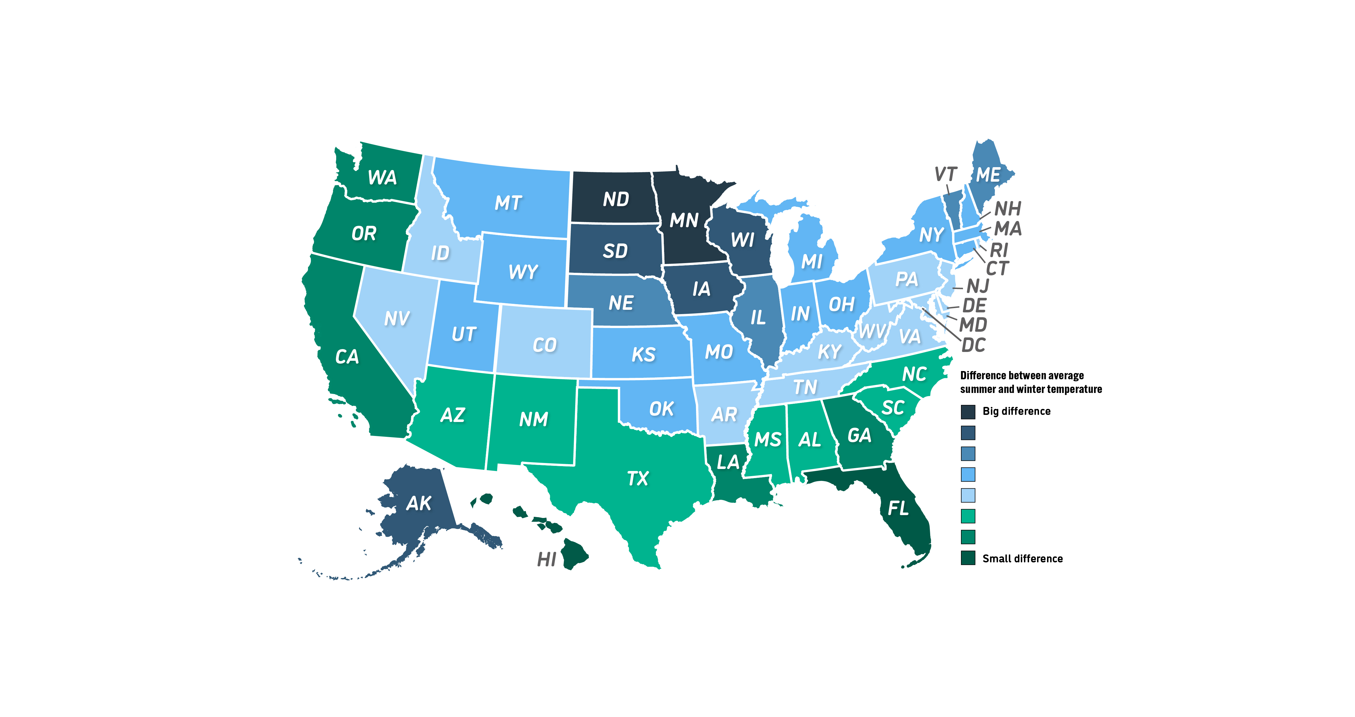 Map of average temperature difference in US