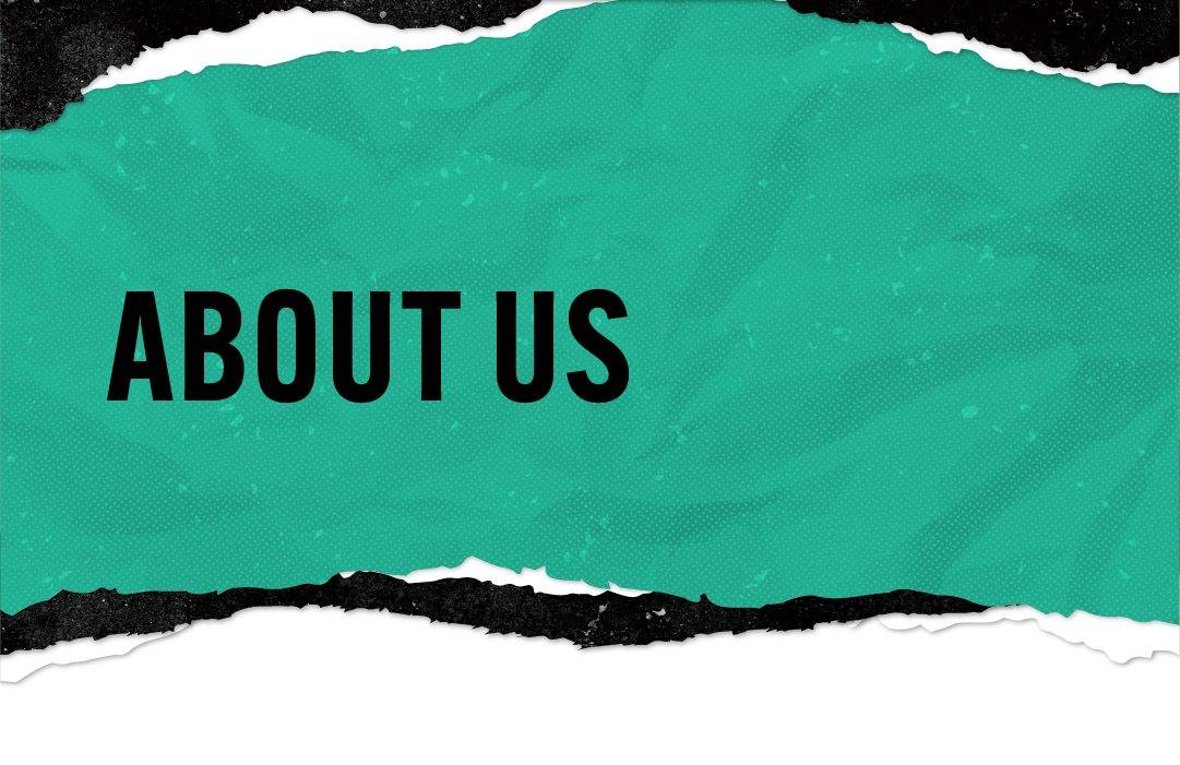 About Us green and black header graphic for mobile