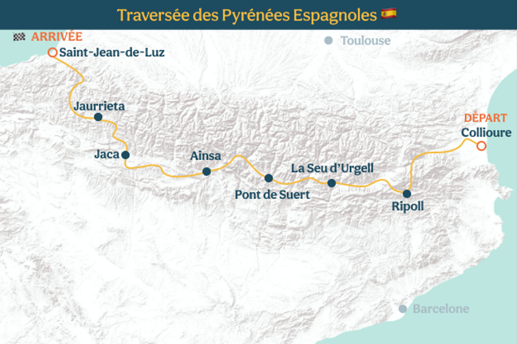 La carte des étapes de la traversée des Pyrénées Espagnoles à vélo, un itinéraire unique de la Méditerranée à l'Atlantique. Trace de la traversée des Pyrénées Espagnoles à vélo. Trace gpx de la traversée des Pyrénées Espagnoles à vélo. Catalogne à vélo, Aragon à vélo, Navarre à vélo.
