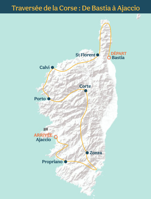 La carte des étapes de la traversée de la Corse à vélo, un itinéraire unique entre Bastia et Ajaccio. Trace de la traversée de la Corse à vélo. Trace gpx de la traversée de la Corse à vélo. GT20.