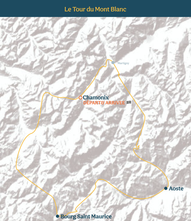 La Carte du Tour du Mont Blanc à vélo à l'aide des traces GPX, un itinéraire mythique organisé par l'agence de voyages Belle Allure.