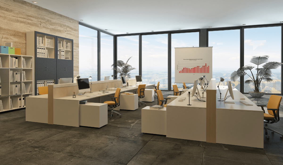 A spacious commercial property in Miami, immaculately cleaned by Yeshua Cleaning. The image shows a large office space with gleaming floors, spotless windows, and neatly arranged desks. The environment reflects the high standards of cleanliness and professionalism that Yeshua Cleaning is known for in their commercial service offerings.
